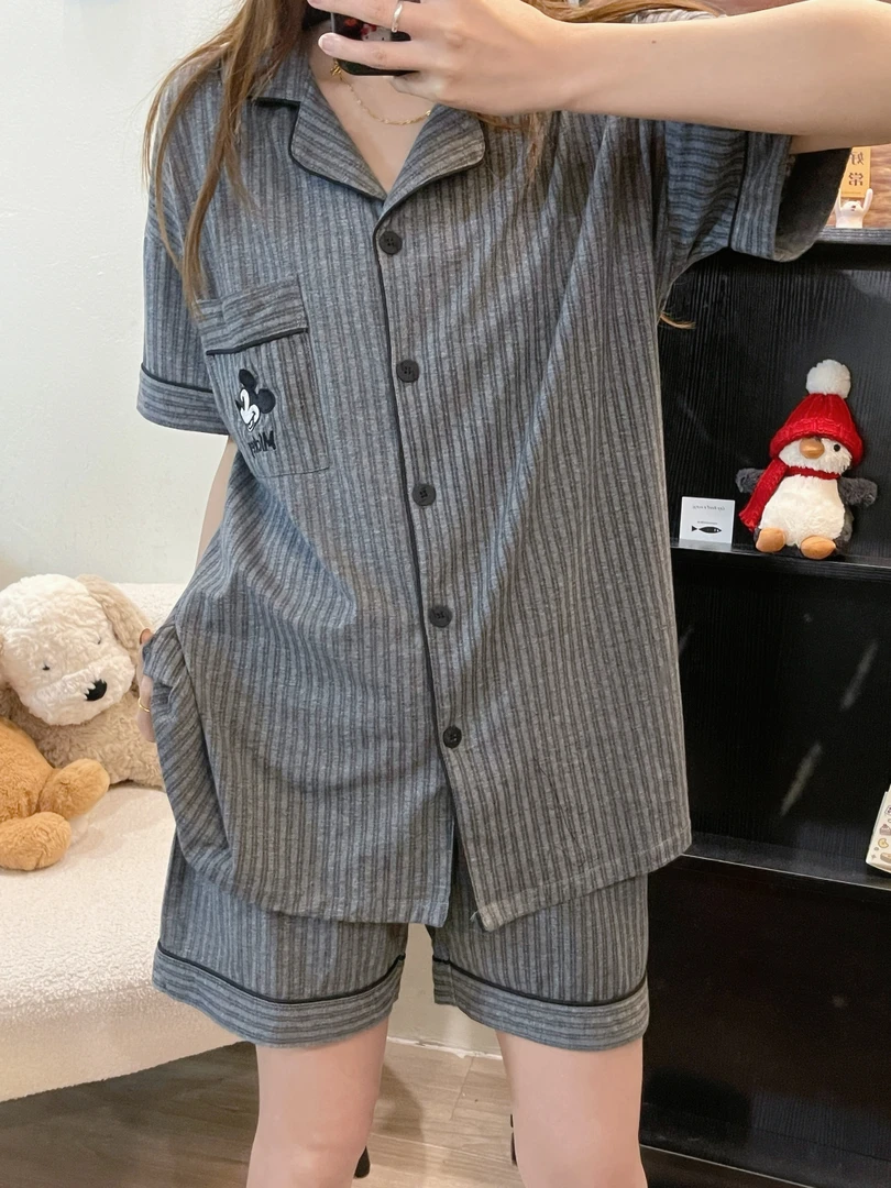 ins日系条纹米奇男女睡衣纯棉休闲短袖短裤春夏季情侣家居服套装