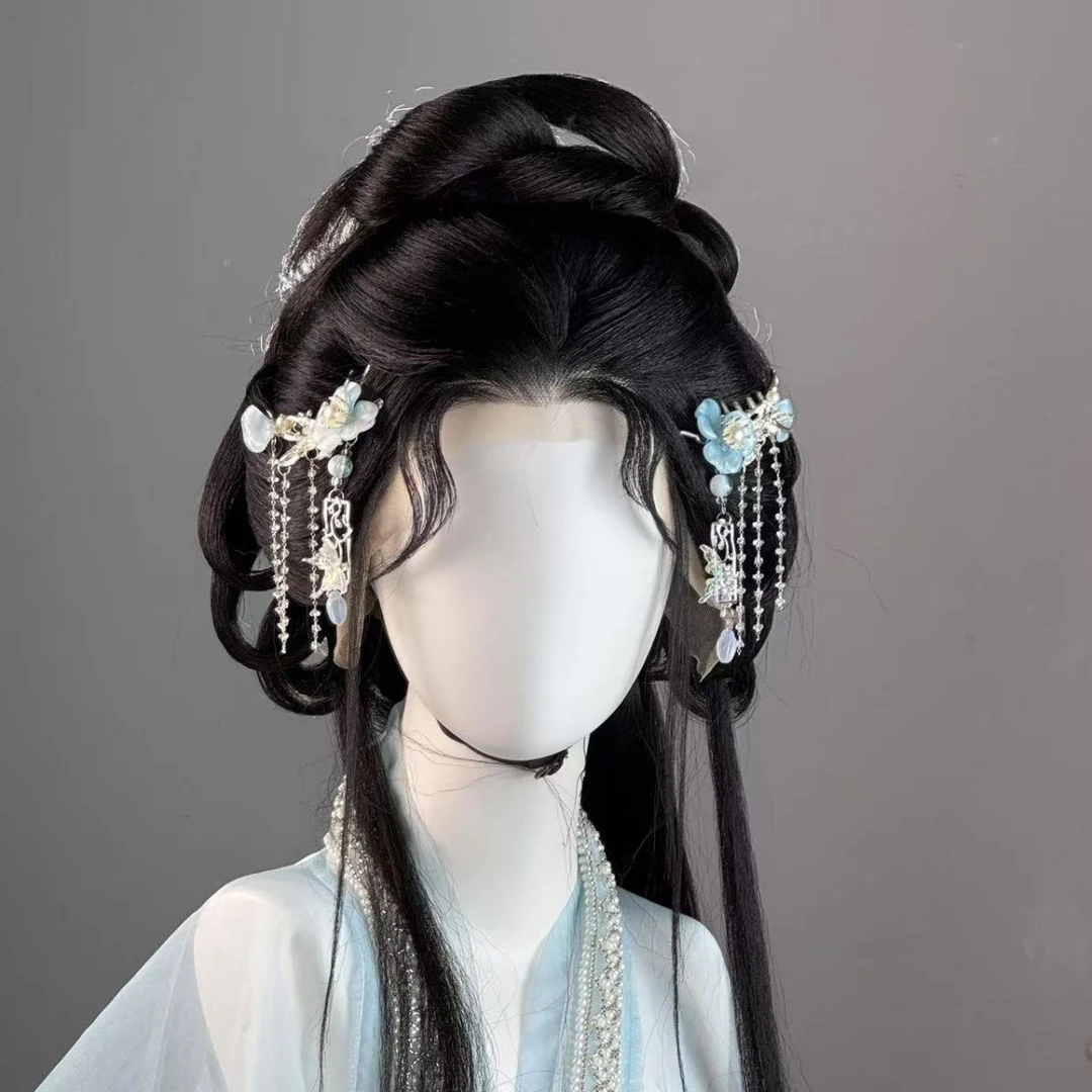 梦金陵蓝色蝴蝶兰掩鬓一对古风蝴蝶头饰流苏发夹发簪簪子汉服古装