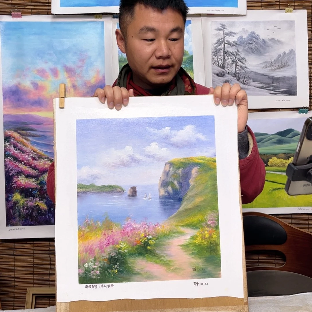 油画行路人小院绘画作品