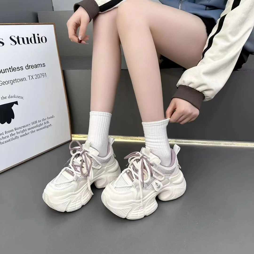 雪芭妮2025春季厚底老爹鞋女网面透气休闲运动鞋小个子增高小白鞋