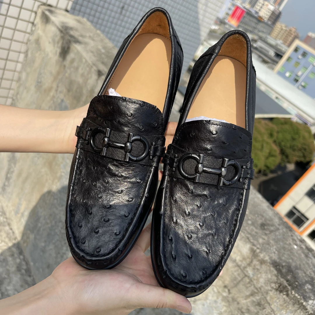 鸵鸟皮夏季一脚蹬乐福鞋男士舒适休闲乐福鞋百搭休闲套脚懒人鞋