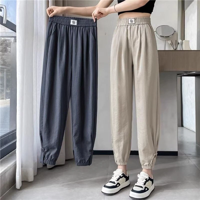 夏季薄款休闲裤女韩版大码百搭显瘦高腰宽松垂感小个子九分束脚裤