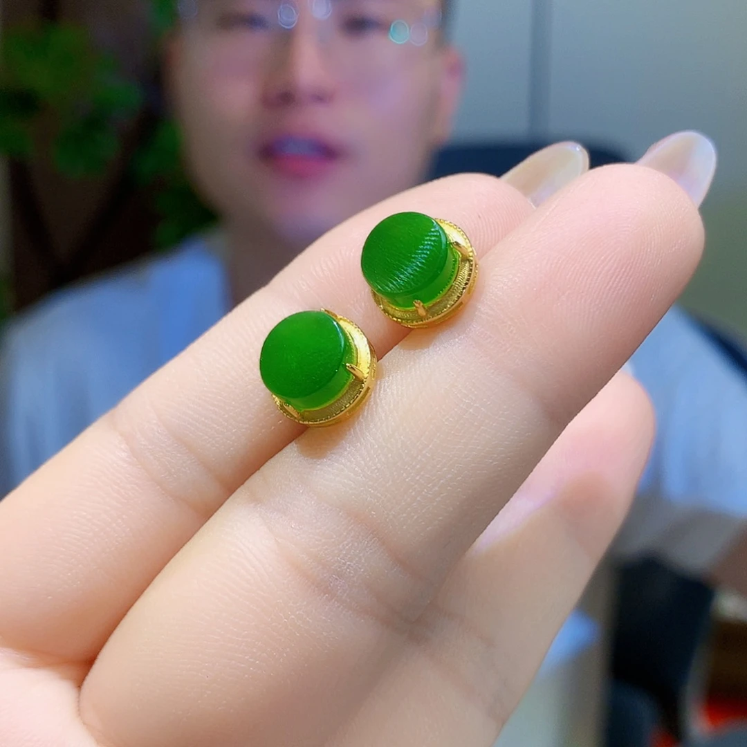 银S925镀金镶嵌和田玉(碧玉)耳饰