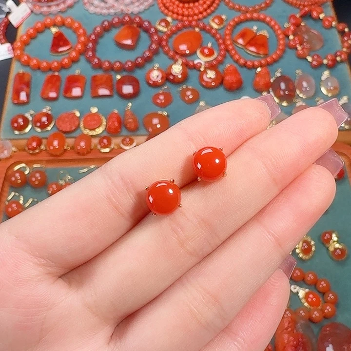 南红玛瑙银S925镶嵌8+耳饰