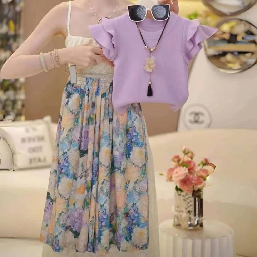 女童夏季2025新款套装洋气碎花花边飞袖上衣女宝宝休闲裤两件套潮