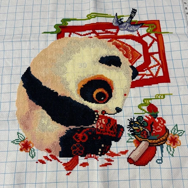 纯手工绣好的十字绣成品401剪纸熊猫大格客厅挂画