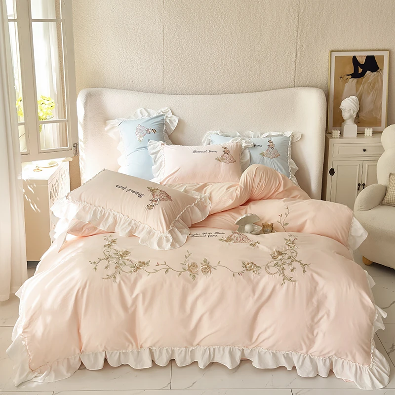 奈雪 A类全棉水洗棉韩版荷叶边浪漫奶油公主风刺绣四件套床上用品