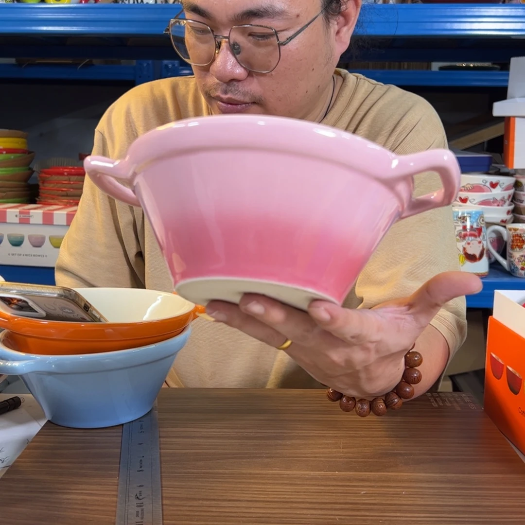 陶瓷粉色双耳wan面碗