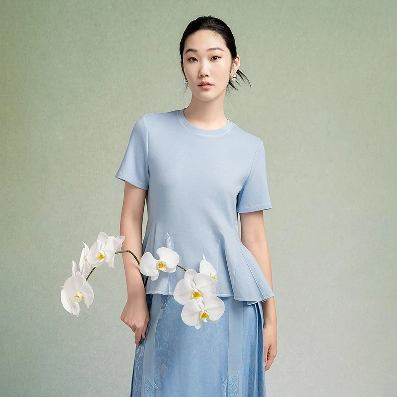 【植物染】生活在左荷叶边T恤宽松简约百搭2025秋季新款短袖上衣