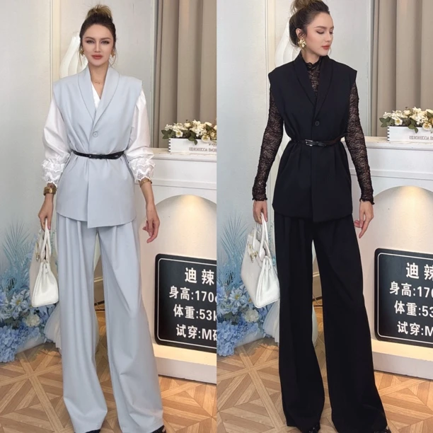 ADLA春季新款裤子马甲套装送腰带马甲两件套高级感显气质