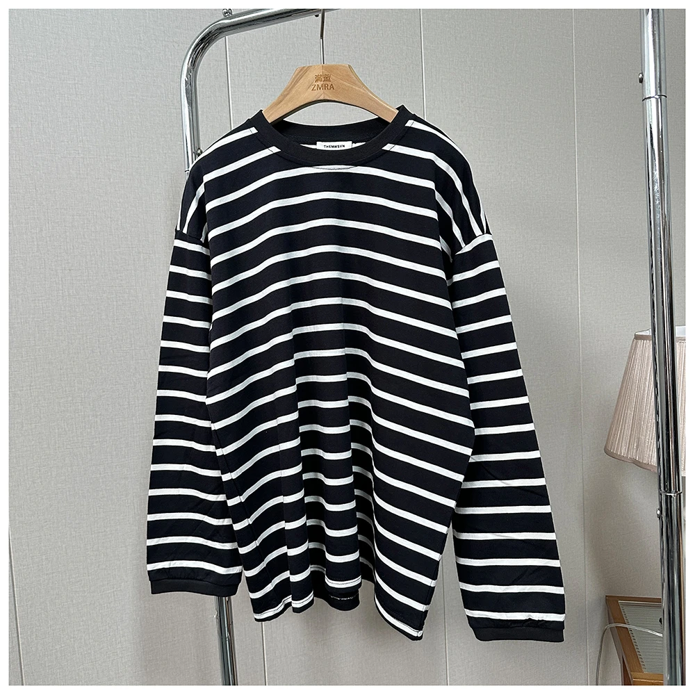 1T022春季新款休闲宽松条纹圆领长袖T恤