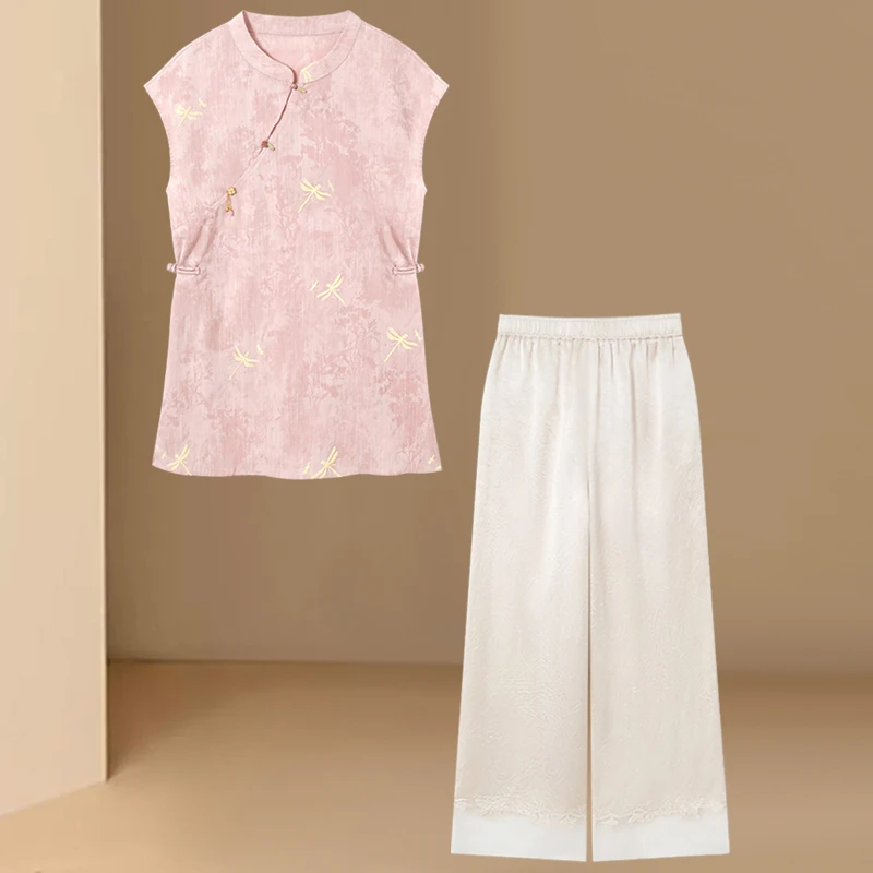 新中式国风改良旗袍上衣套装女2025夏季新款漂亮绝美阔腿裤两件套