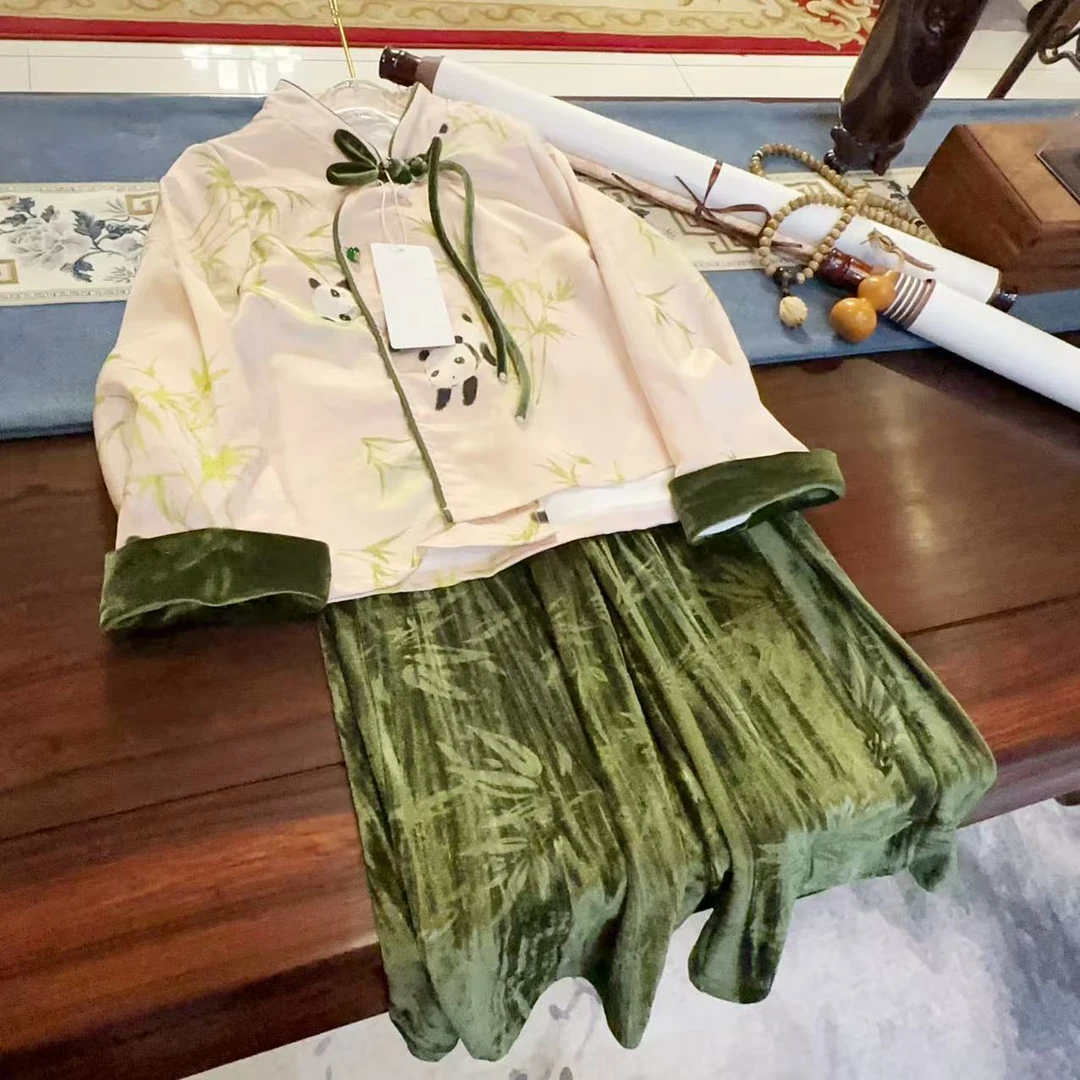 安大秋童装【熊猫锦】2025年国风春夏款儿童国风旗袍套装