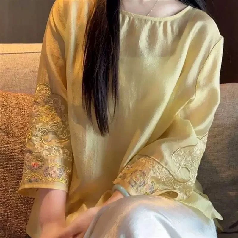 《吉祥如意》宋制中国风中式夏季套头圆领薄款刺绣上衣夏季女装