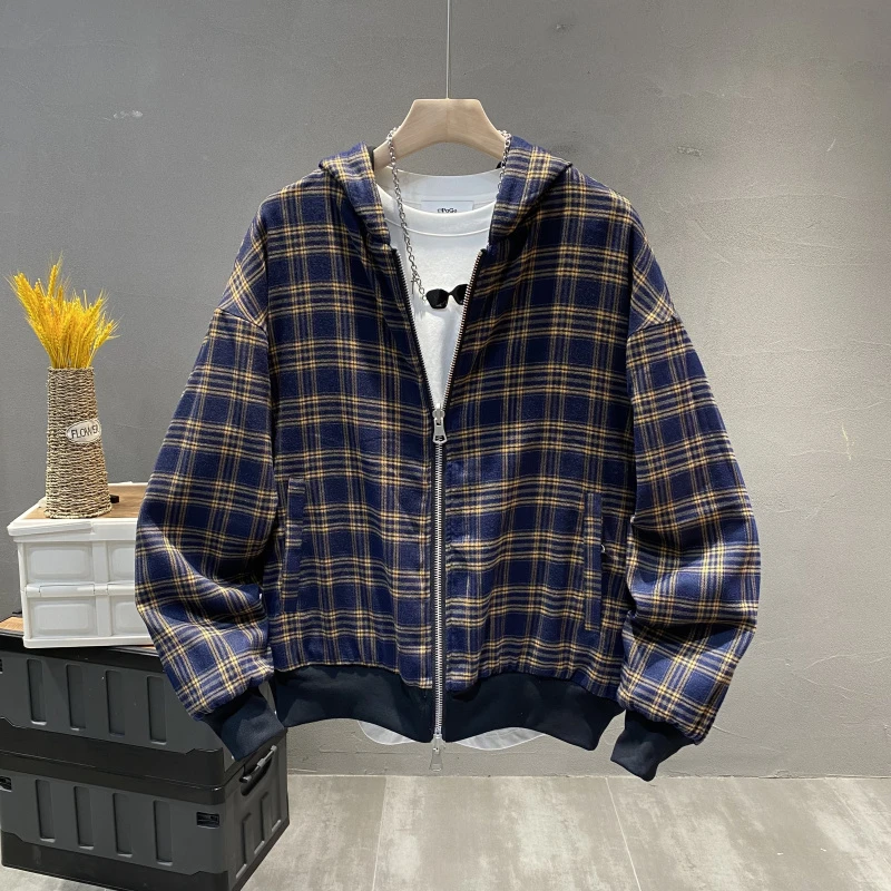 两面穿格子男百搭高克重潮流连帽外套春秋厚男士夹克秋季上衣外套