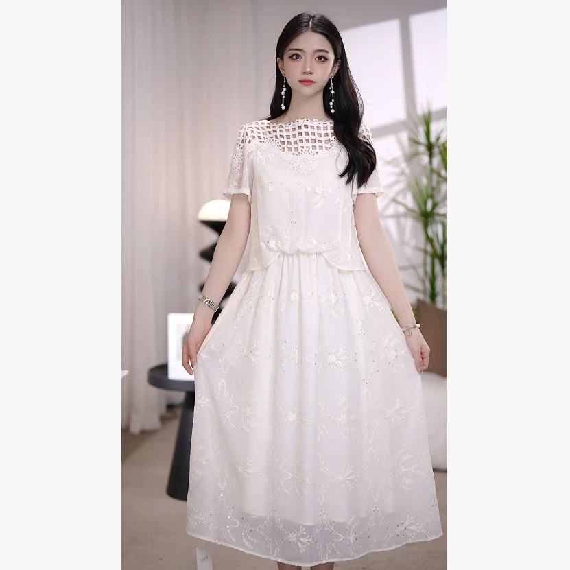 2025夏季新款高端轻奢优雅百搭遮肉显瘦修身时尚假两件连衣裙0517