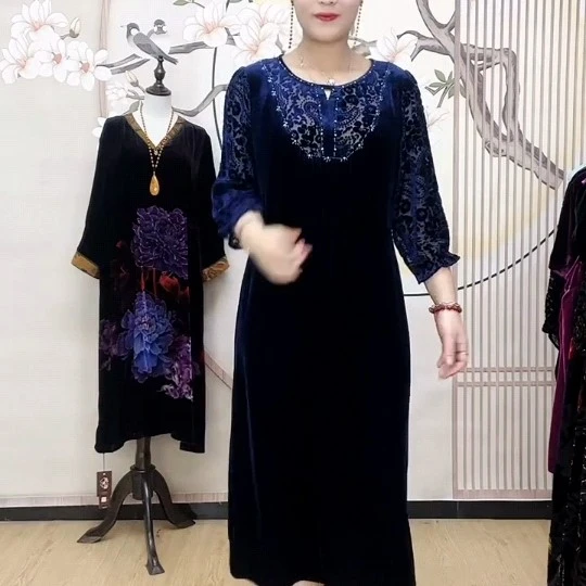 洋气短袖七分袖显瘦宽松气质中长款连衣裙圆领妈妈装