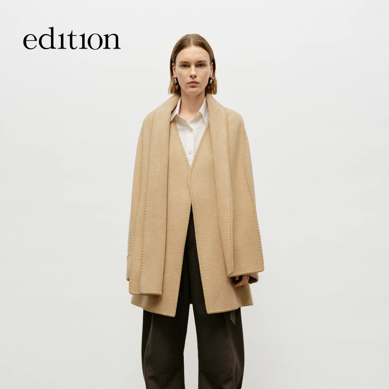 【达人专享】edition可拆围巾领绵羊毛毛呢双面呢大衣#EBD3COT021