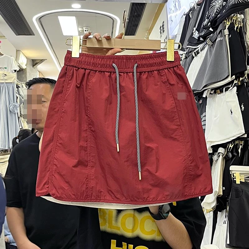 简约休闲速干半身裙女2025春夏新款抽绳刺绣A字防走光短裙子771J