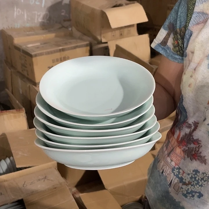 瓷片青瓷八英寸深盘六个,微瑕包邮