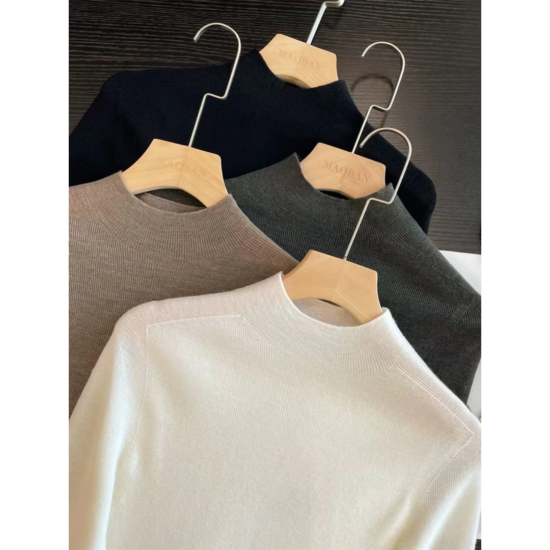 可机洗无缝一体针织打底女半高领打底秋冬薄款针织衫美丽诺毛衣