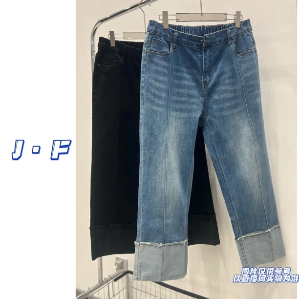 JF定制大码女装休闲百搭中高腰九分水洗牛仔直筒烟管裤8161
