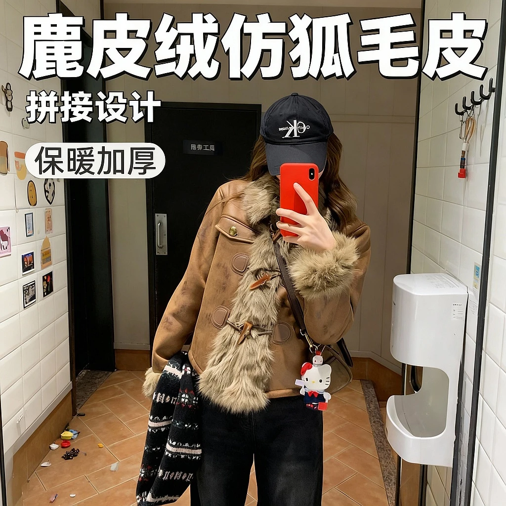 设计复古毛毛外套女冬季新款高级洋气麂皮绒加厚拼接仿狐狸毛皮草