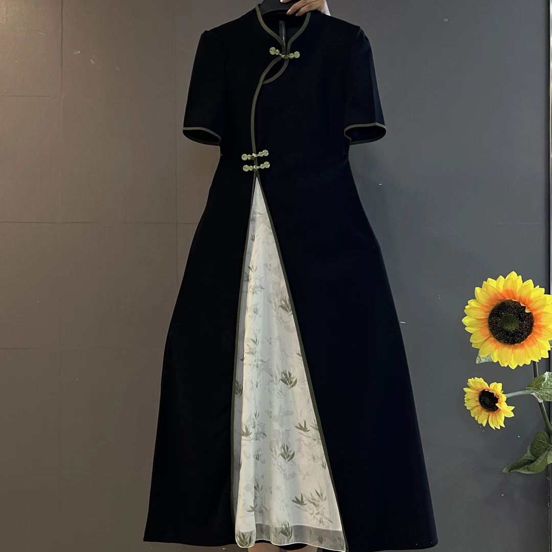 新中式国风撞色旗袍复古盘扣镂空花纹拼接气质显瘦长款连衣裙