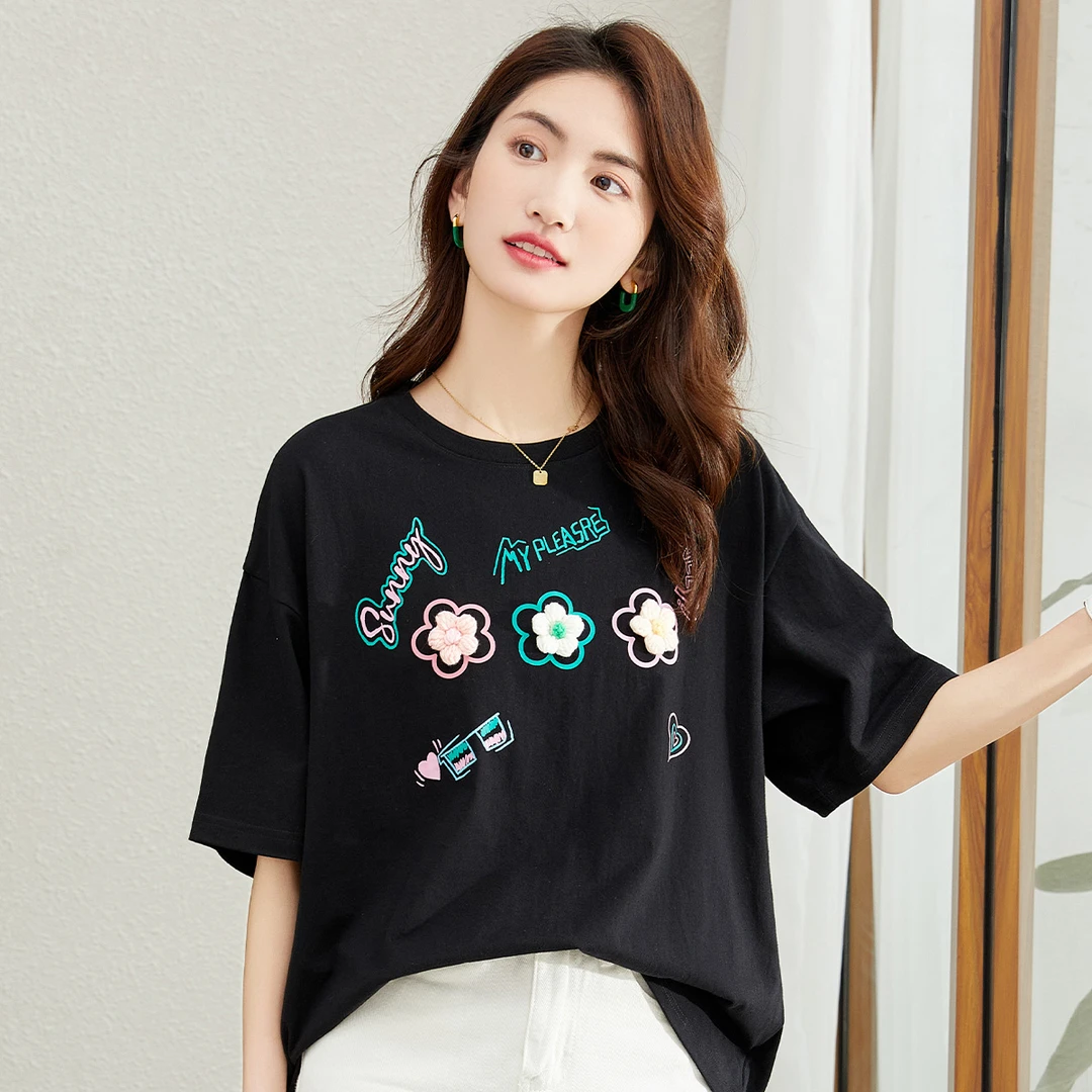 马克华菲女装时尚百搭休闲宽松俏皮印花圆领落肩T恤F22001A120