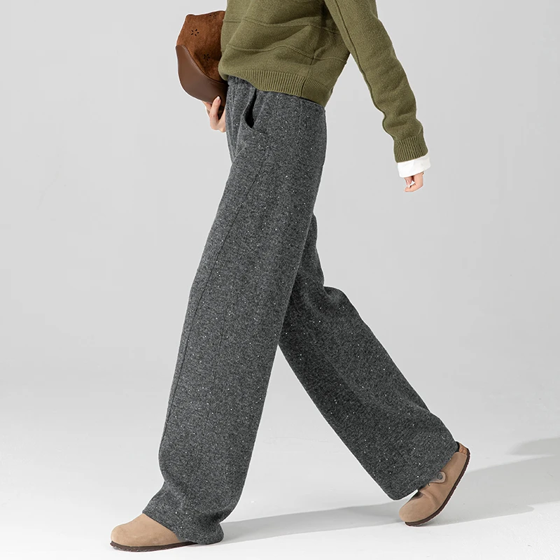 亮片羊毛针织毛线裤女2025新款冬季加厚毛呢阔腿香蕉裤弧形镰刀裤