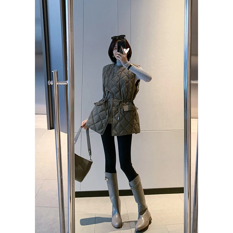 MYL 白鸭绒羽绒马甲2022秋冬新品无袖圆领纯色系带通勤上衣