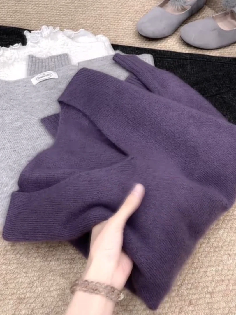 紫色V领优雅气质长袖针织打底衫女2025秋冬新款宽松舒适大码毛衣