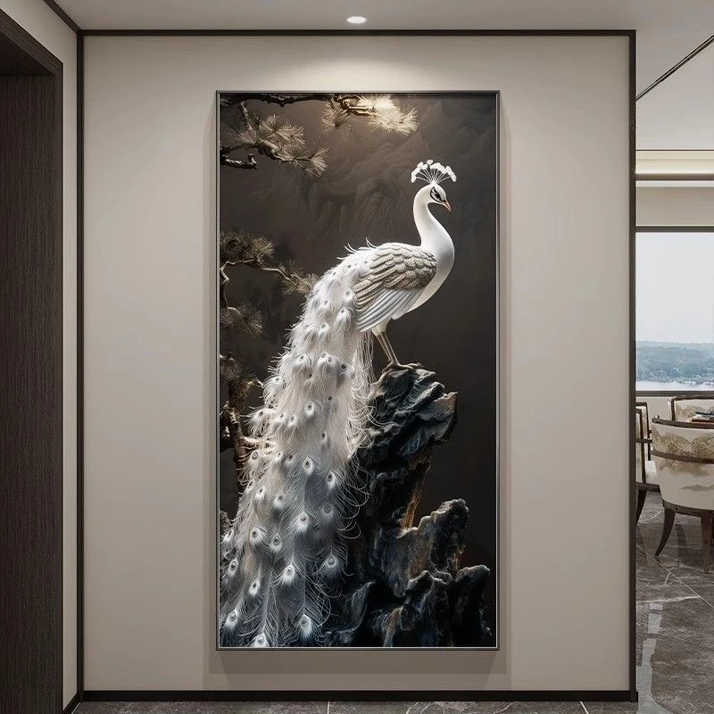 新款孔雀装饰灯画中式玄关走廊过道挂画客厅入户门高级感竖版壁画