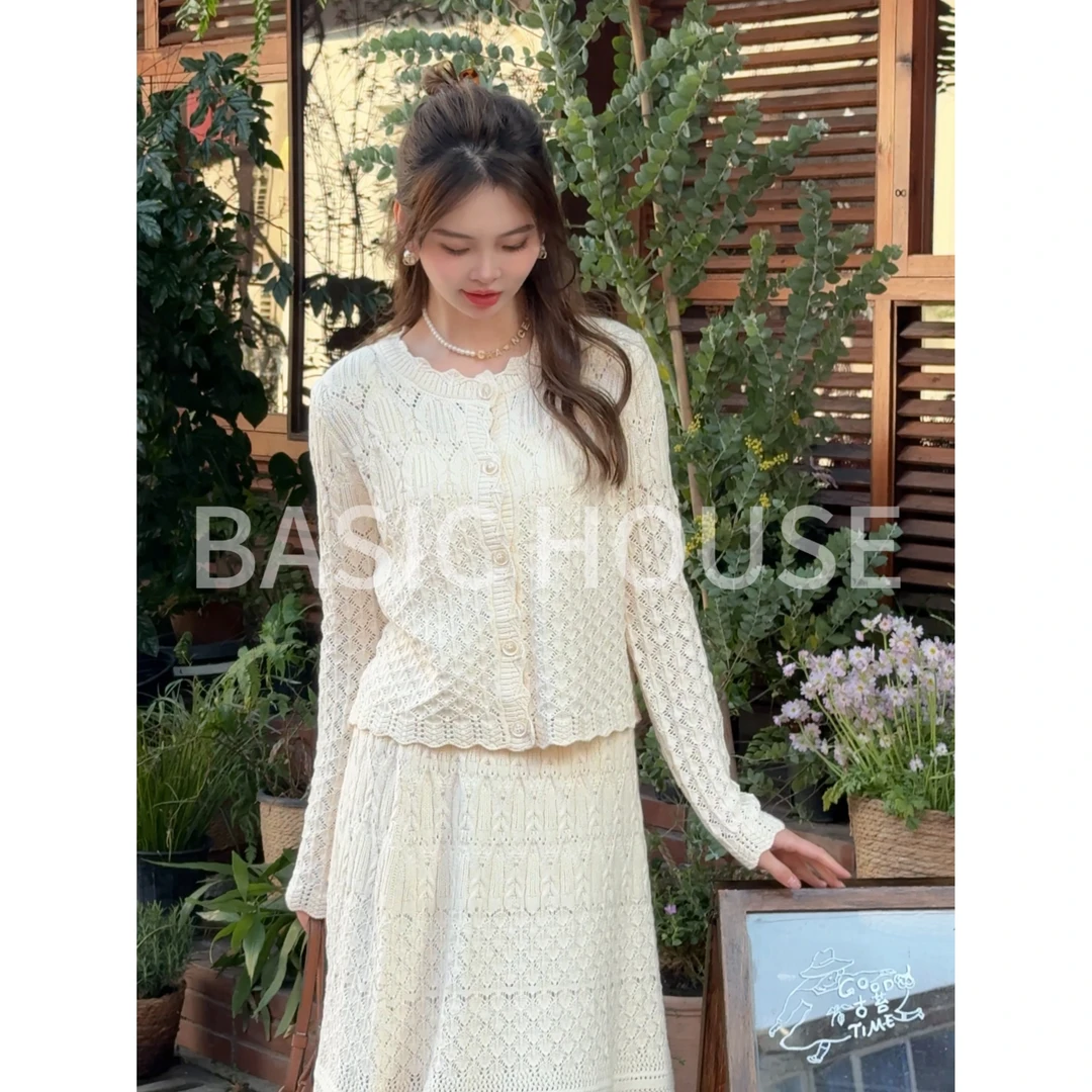 Basic House/百家好春季新款时尚百搭设计感针织套装女A