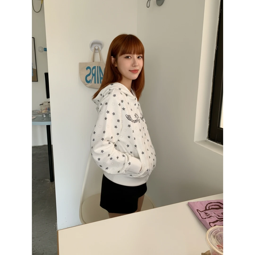 秋冬新款韩系刺绣翅膀logo星星图案拉链帽衫连帽气质卫衣女国潮