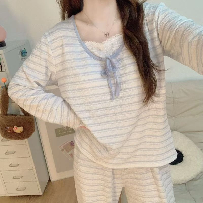 【带胸垫一体】长袖长裤睡衣女款春秋季亲肤棉甜美公主风家居服套装