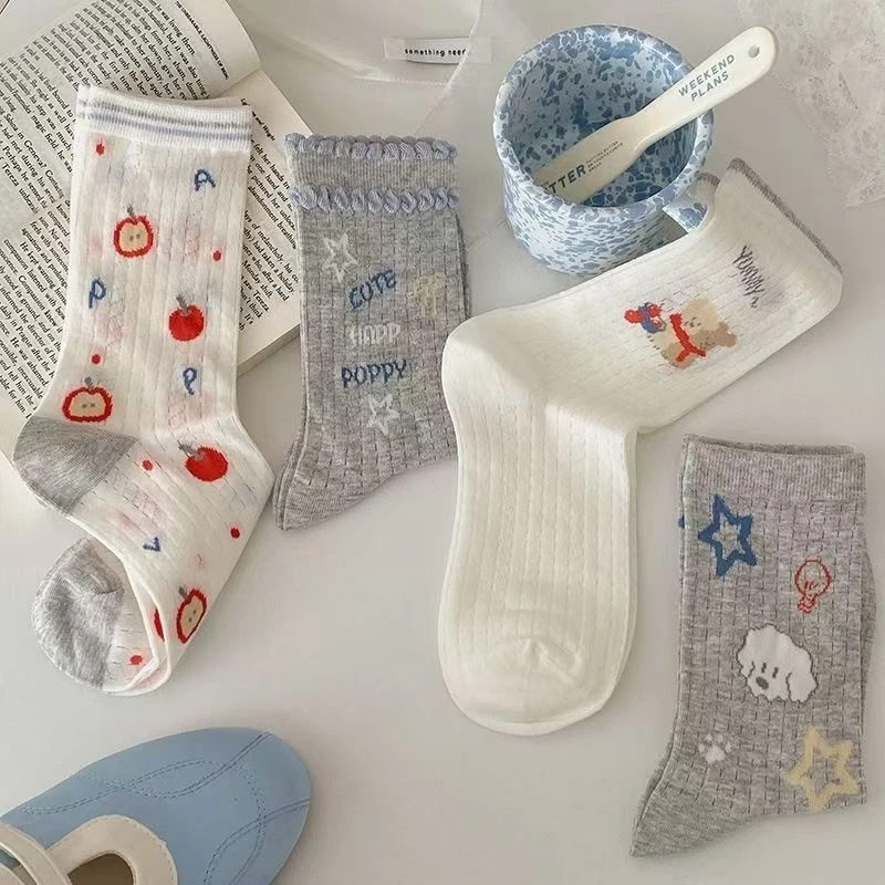 春夏星星卡通薄款女袜网眼镂空可爱小狗透气袜子爆款中筒袜