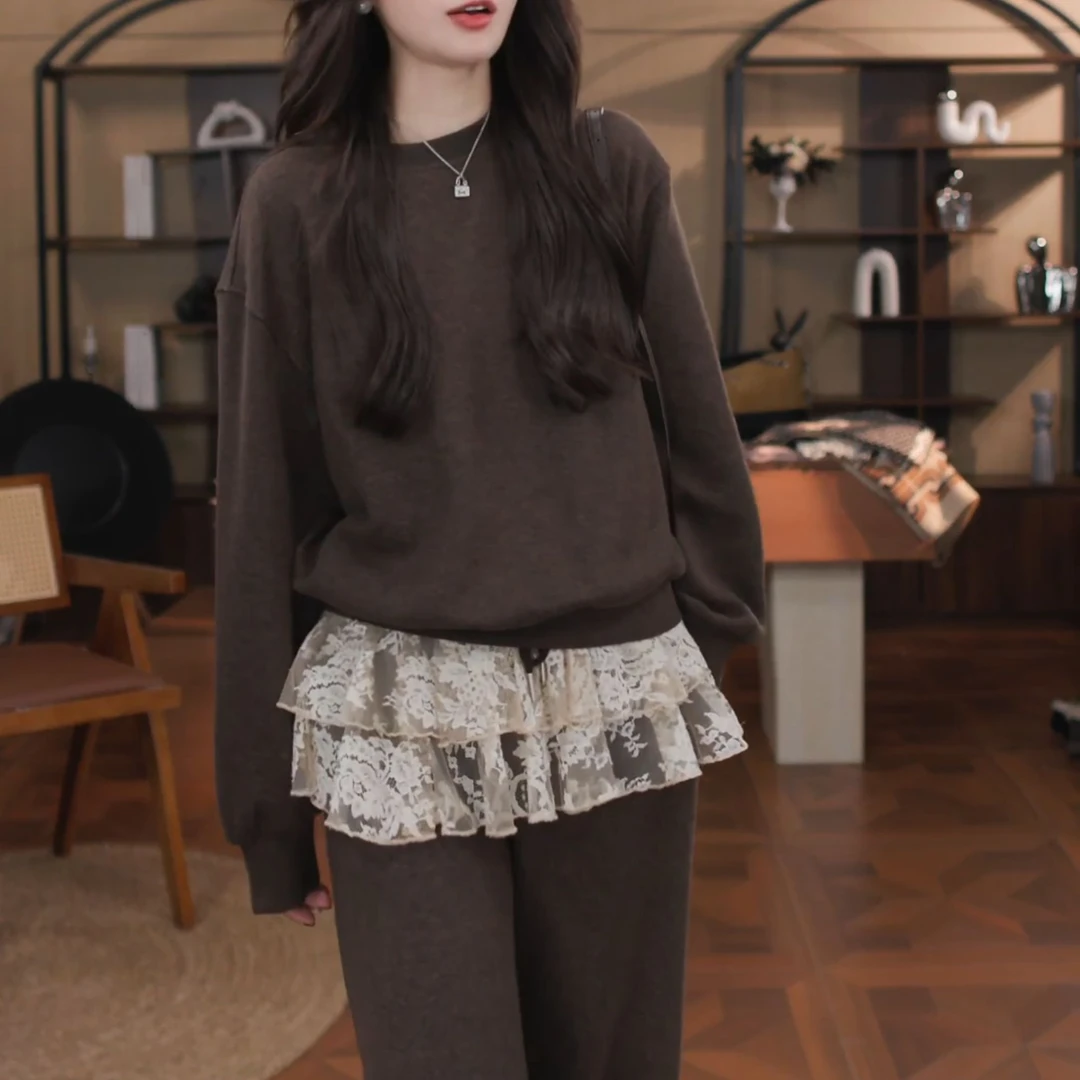2025秋季新款时尚慵懒风百搭上衣+拼接蕾丝裤子套装女LK2507268