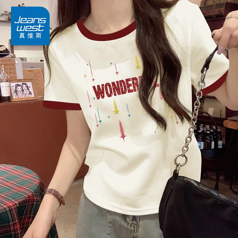 真维斯撞色短袖t恤女款爆款2025新款爆款夏季小个子独特别致上衣