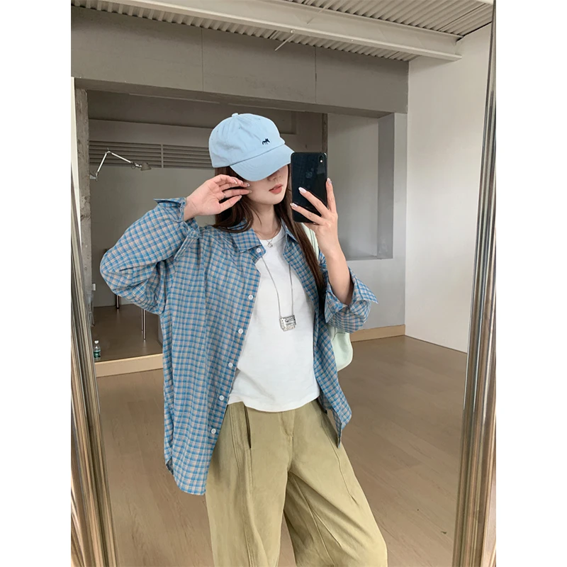 通勤开衫同款蓝色格子衬衫女日系早春慵懒风休闲宽松防晒衬衣外套