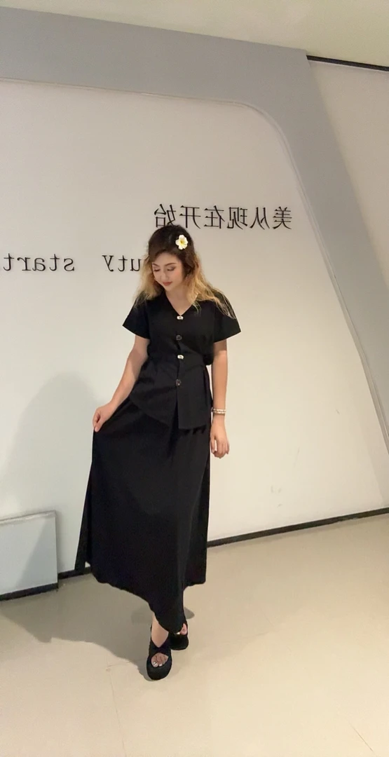 新款韩式亚麻短袖西装外套配A字中长裙气质套装