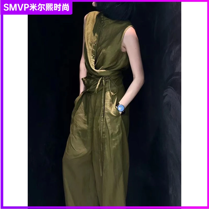 12025年夏季设计感时尚套装新中式国风盘扣军绿色马甲阔腿裤l