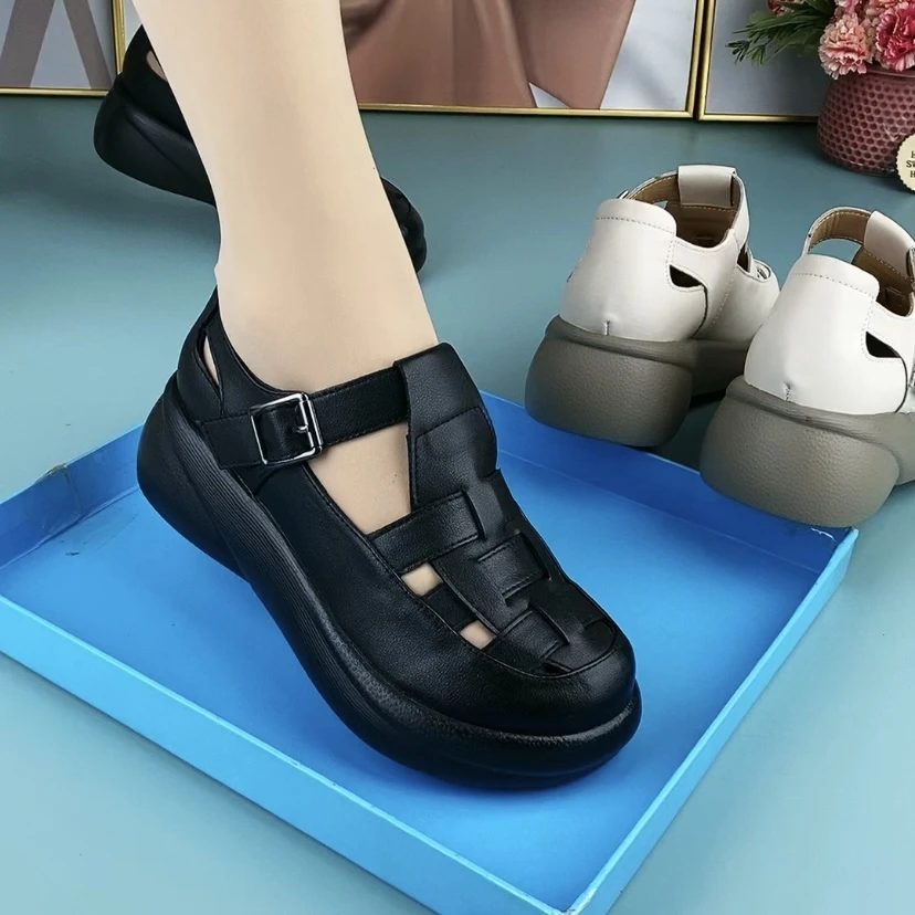 2656（厚底+粗跟）超轻厚底编织镂空猪笼鞋透气中空凉鞋真皮皮鞋