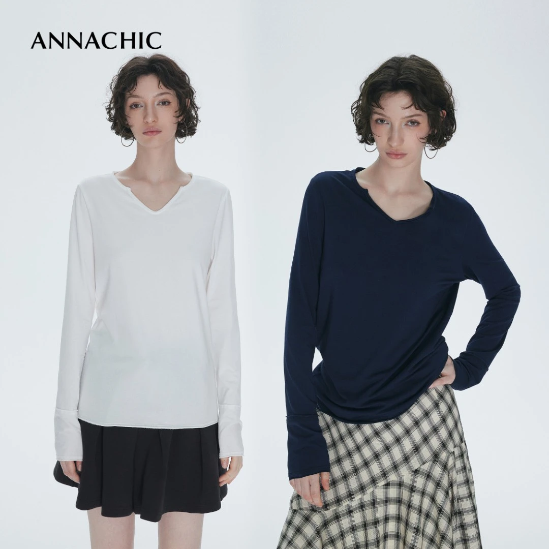 ANNACHIC“结构外露哲学”原创复古小v领长袖t恤女宽松打底衫上衣