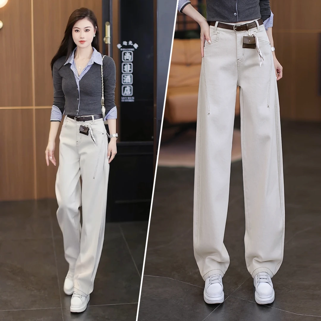 莫兰迪灰阔腿弯刀牛仔裤女士2025秋季新款高腰宽松垂感休闲镰刀裤