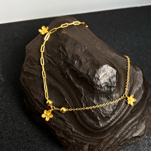 925银脚链 时尚灵动樱花百搭女款小众简约金色素款脚链ins3003198