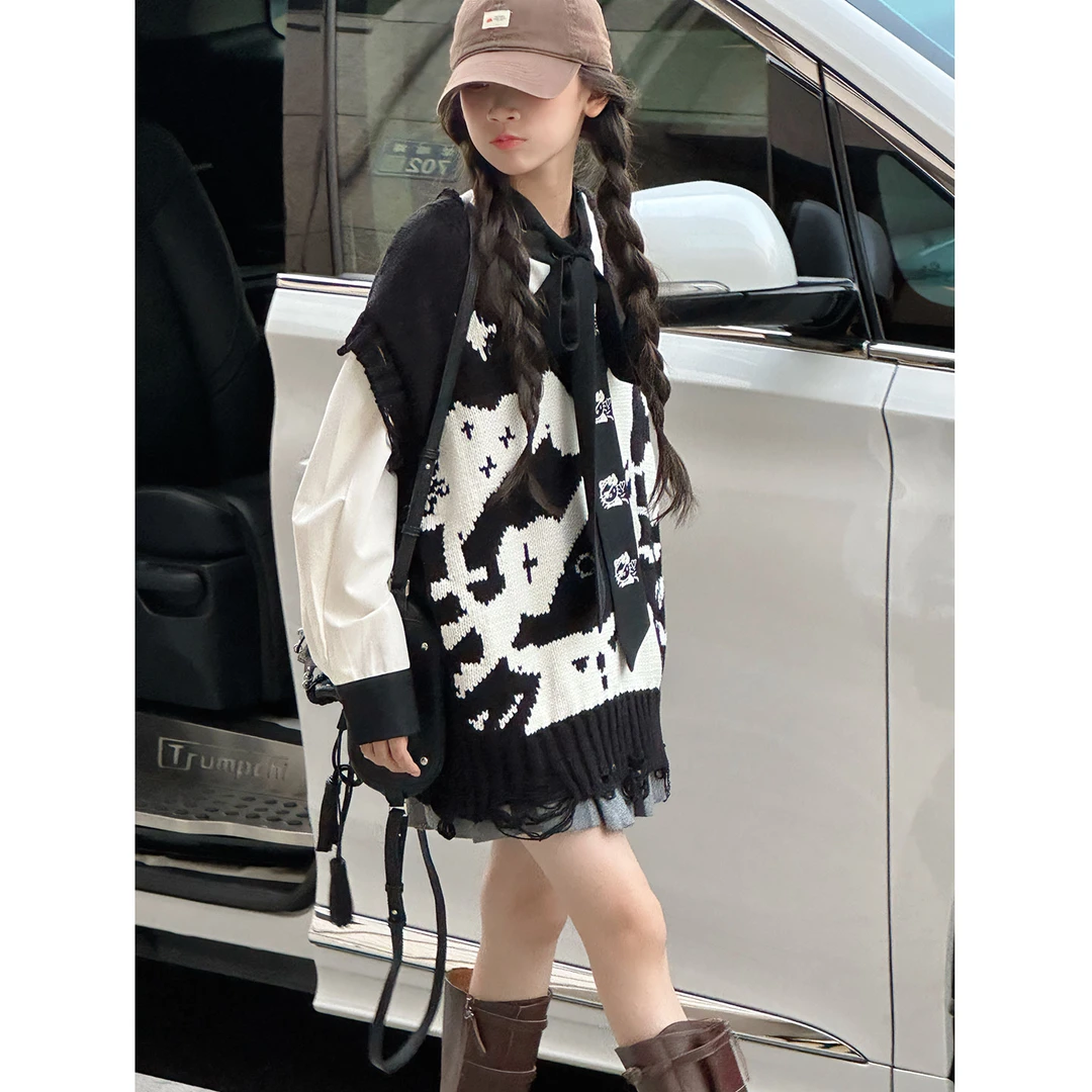 K30164孙小美韩系女童马甲套装2025新款秋冬装儿童两件套衬衫马夹