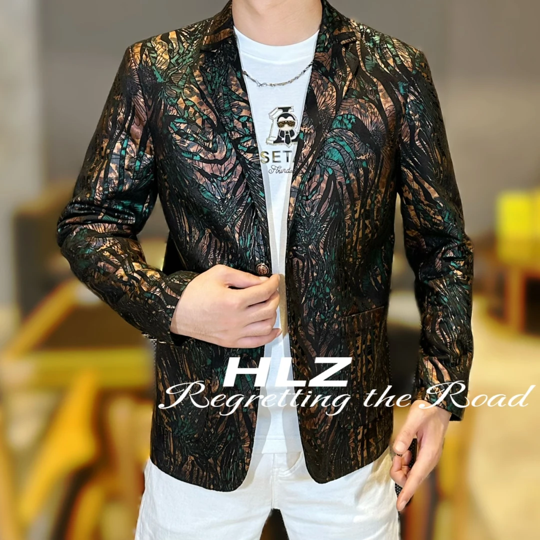 憾路者家男士2025秋季新款轻奢修身时尚个性立体雕花图案长袖西装