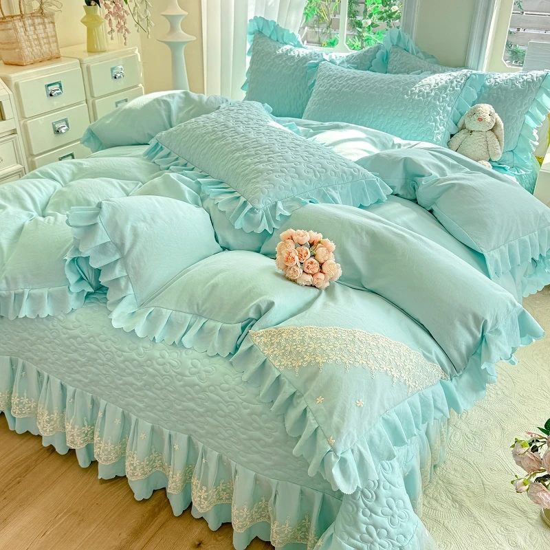 网红款蕾丝床盖四件套公主风轻奢纯色卧室床品床上用品三件套四季