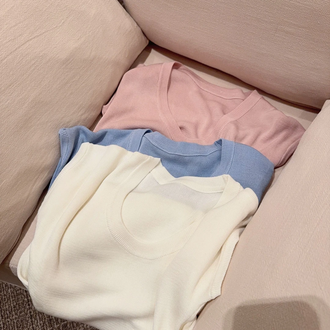 2025夏季新款多巴胺纯色U领软绵绵冰丝透气针织百搭上衣短袖H8-21